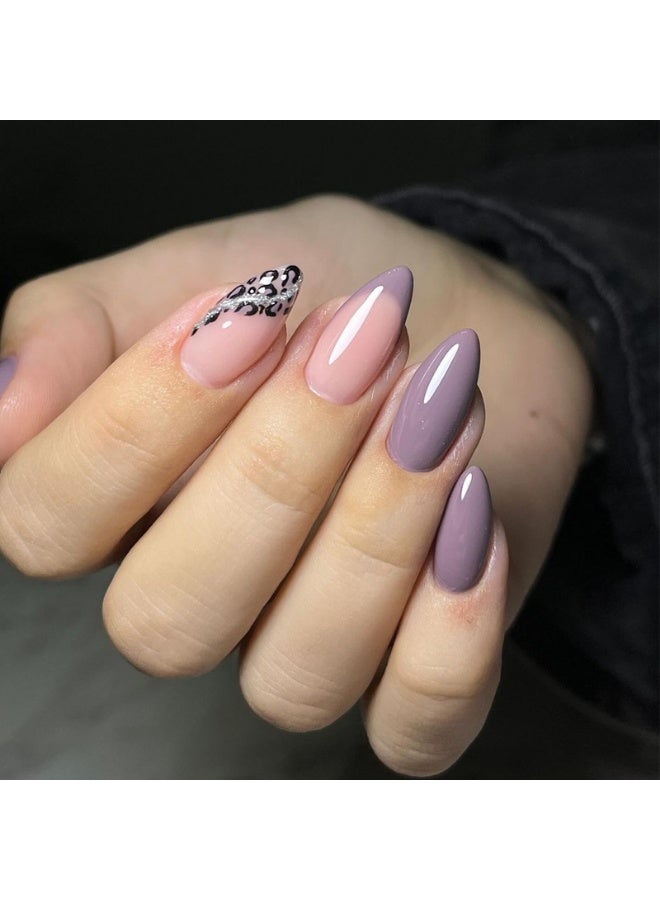 Orange Life Almond Press On Nails Nude Pink Mauve Leopard Accent Glossy Fake Nails Full Cover Artificial Nails Reusable Stick On Nails Acrylic Nail Tips Soft Gel Nail Set Stylish Elegant Nails for Women Casual Office Party Wedding Long Wear Salon Finish - Image 1
