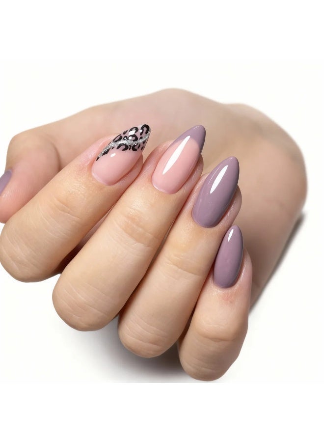 Orange Life Almond Press On Nails Nude Pink Mauve Leopard Accent Glossy Fake Nails Full Cover Artificial Nails Reusable Stick On Nails Acrylic Nail Tips Soft Gel Nail Set Stylish Elegant Nails for Women Casual Office Party Wedding Long Wear Salon Finish - Image 2