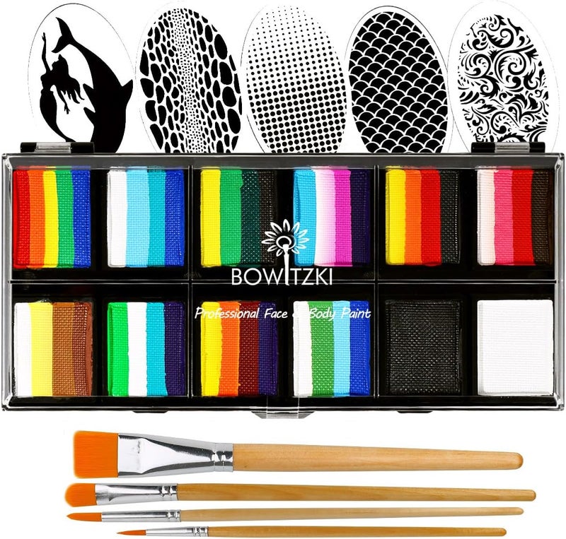 Bowitzki Professional Face Painting Kit For Kids Adults 12x10 gm Face paint Set with Stencil One Stroke Split Cake Non Toxic Rainbow Flora Dolphin Unicorn Flame Body Paint Makeup