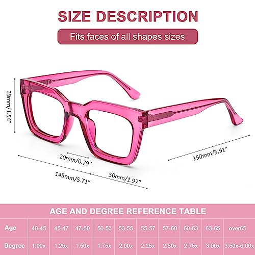 AQWANO Stylish Oversized Reading Glasses for Women Fashion Designer Readers Blue Light Square Computer Glases with Spring Hinge, Fuchsia 2.5 - Image 2
