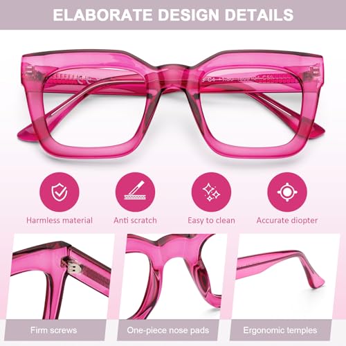 AQWANO Stylish Oversized Reading Glasses for Women Fashion Designer Readers Blue Light Square Computer Glases with Spring Hinge, Fuchsia 2.5 - Image 5