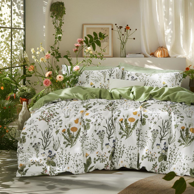 Bedsure Duvet Cover Queen Size  100 Cotton Reversible Floral Queen Duvet Cover Set with Zipper Closure 3 Pieces Soft  Breathable Green Bedding Set with 2 Pillow Shams 20x26