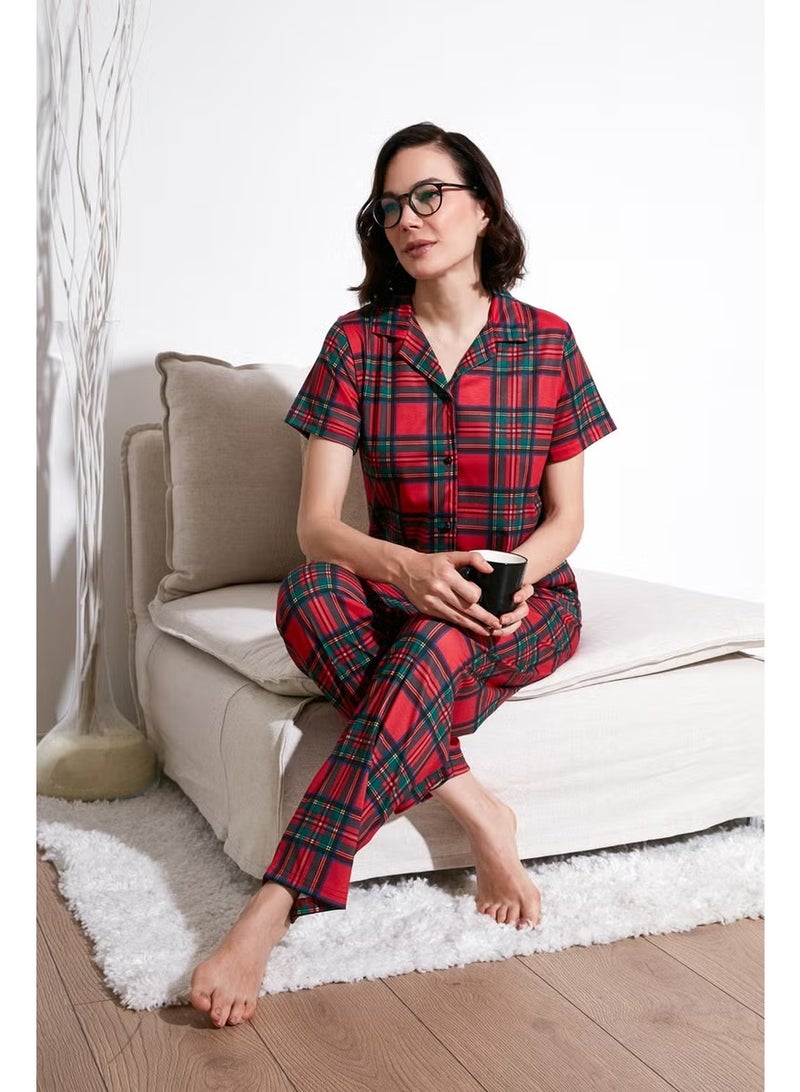 Lela Patterned Short Sleeve Elastic Waist Shirt Collar Woven Regular Fit Pajama Set Women's Pajama Set 6571010 - Image 1
