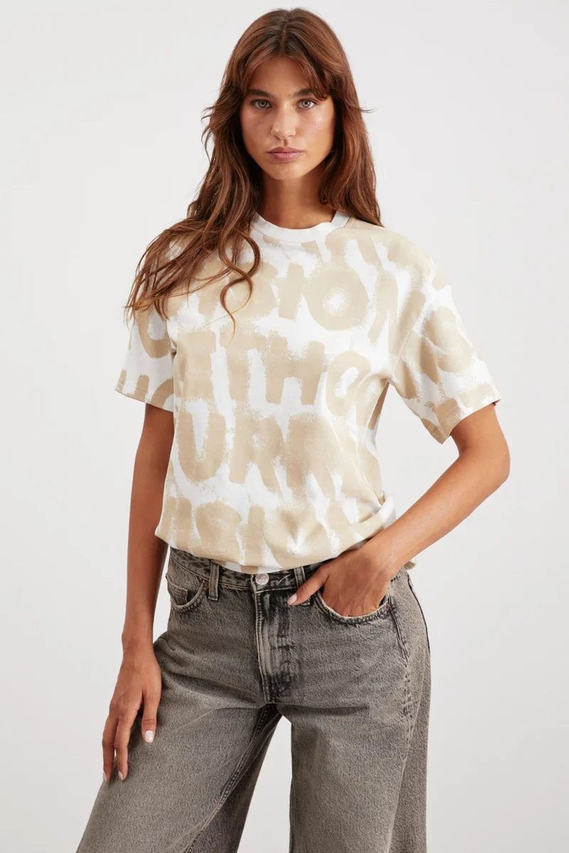 جريميلانج Regina Women's Crew Neck 100% Cotton Printed Detailed Relaxed Pattern Ecru T-Shirt