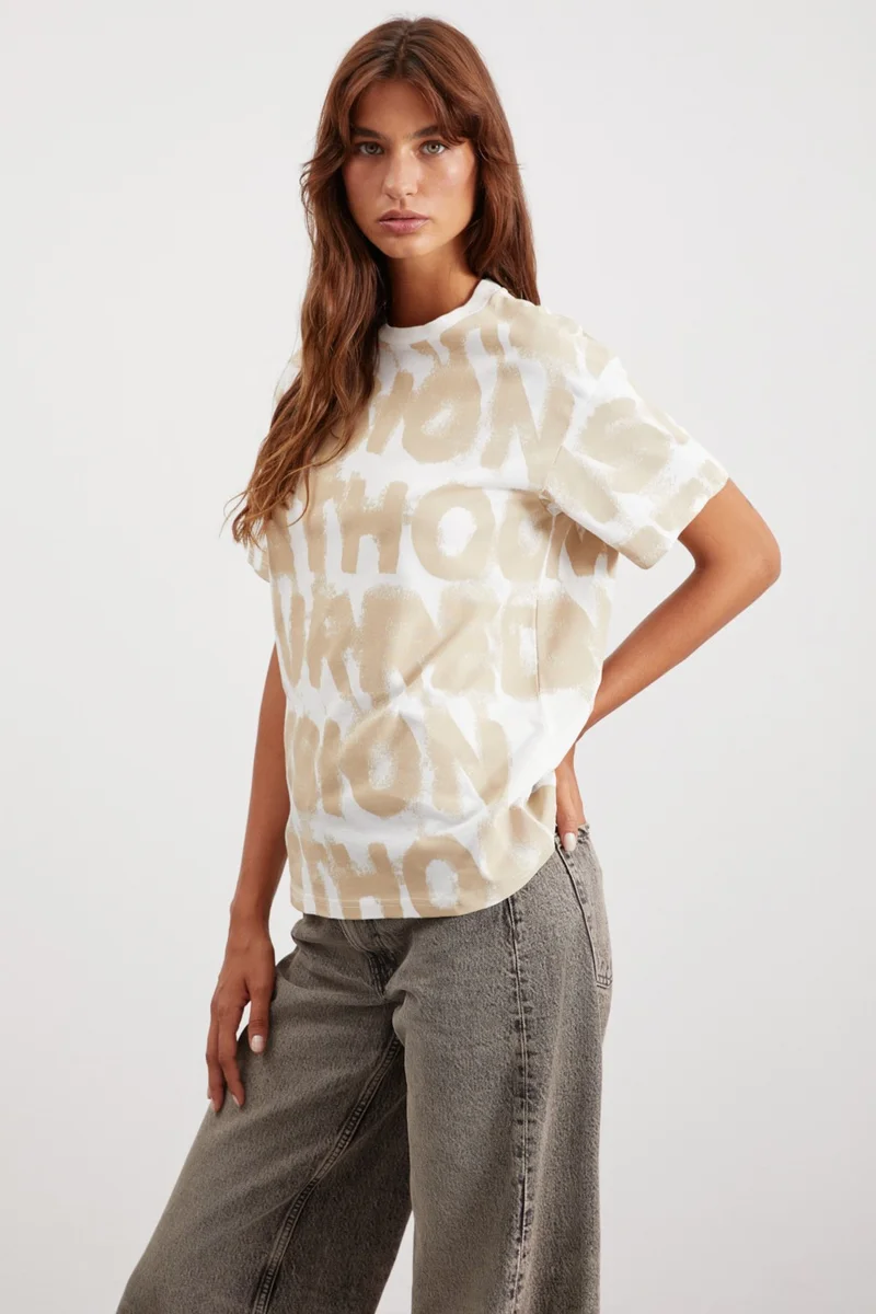 جريميلانج Regina Women's Crew Neck 100% Cotton Printed Detailed Relaxed Pattern Ecru T-Shirt