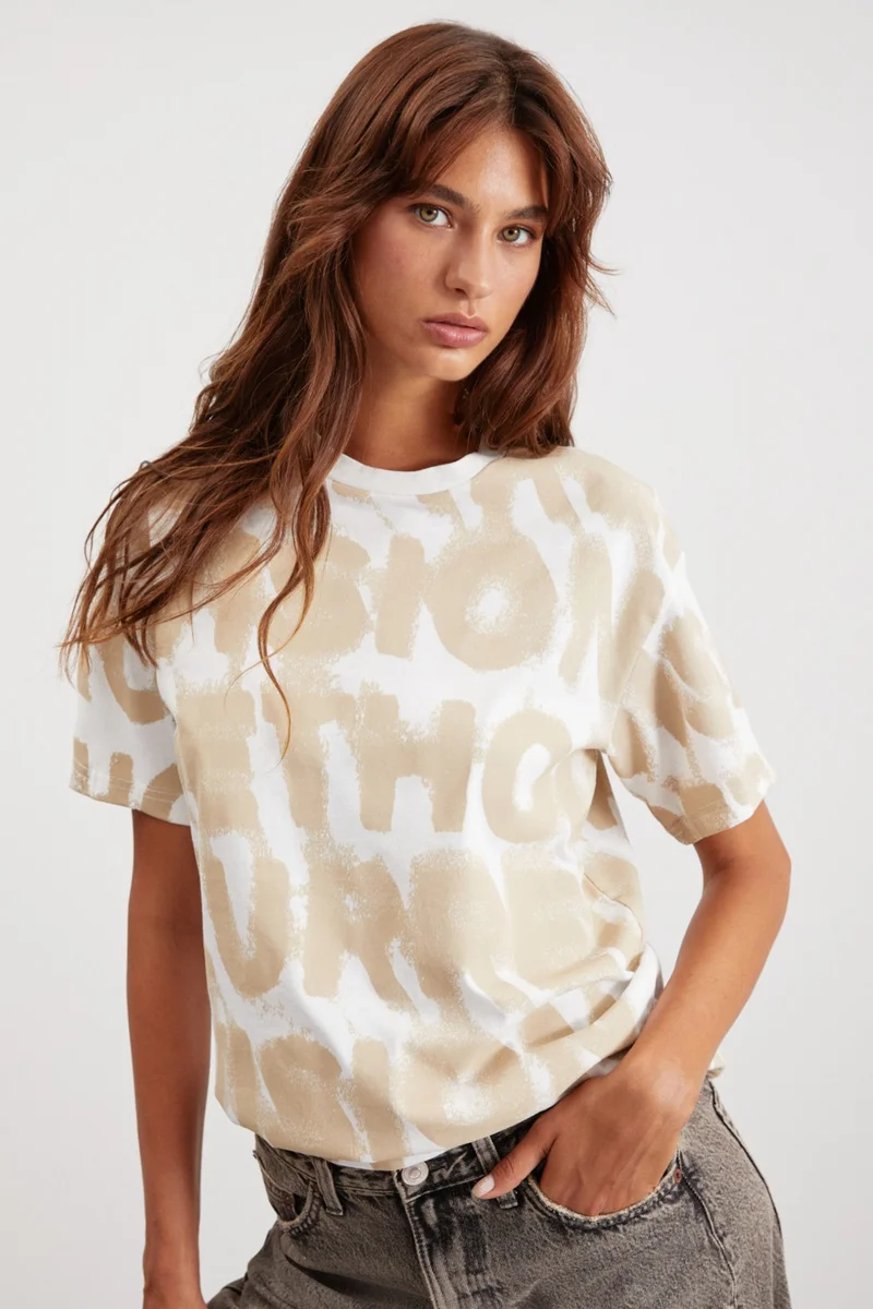 جريميلانج Regina Women's Crew Neck 100% Cotton Printed Detailed Relaxed Pattern Ecru T-Shirt