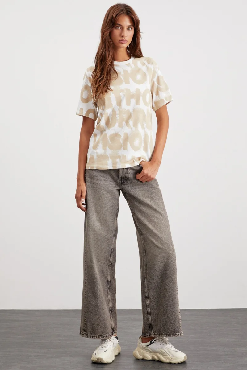 جريميلانج Regina Women's Crew Neck 100% Cotton Printed Detailed Relaxed Pattern Ecru T-Shirt