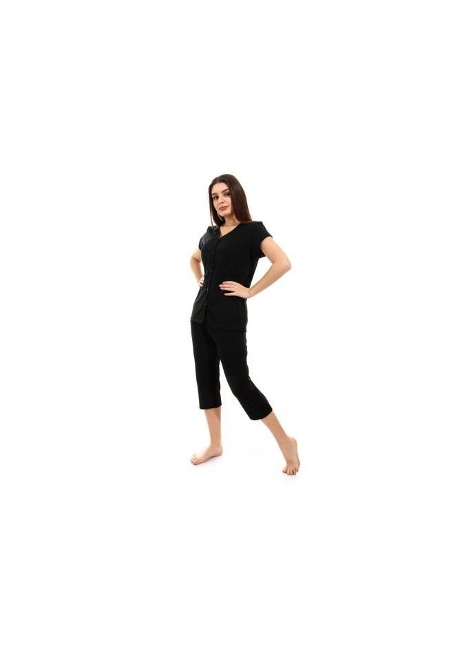 IZOR - Button Closure Solid Pajama Set - Black - Image 1