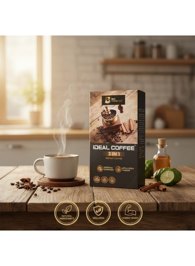 بيو بروتيكشن قهوة "آيديال" (Ideal Coffee) سريعة التحضير "3 في 1" مع غارسينيا كامبوغيا وخل التفاح؛ تركيبة نباتية، بدون سكر مضاف، خالية من الغلوتين والأسبارتام، تحتوي على 25 ظرفاً. - Image 1