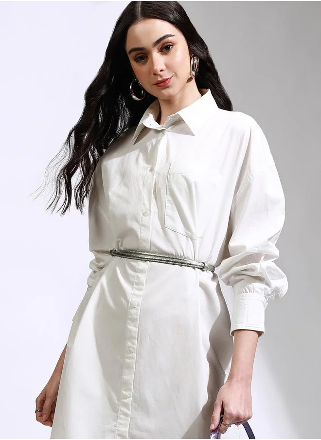 Tokyo Talkies Solid Collared Shirt Dress with Pocket Detail