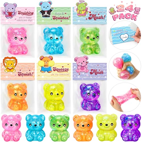 IJIGU Valentines Day Cards for Kids School 24 Pcs Cute Bear Squeeze Toys with Kids Valentines Cards Valentines Day Exchange Gifts for Kids Ideal Classroom Prize Party Favors Supply - Image 1