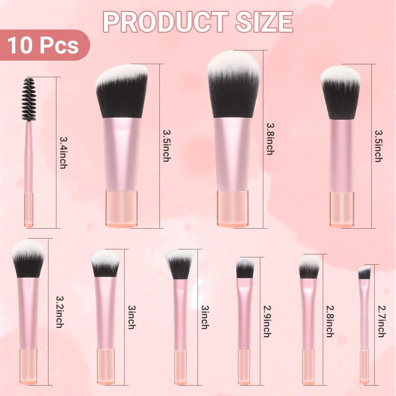 Rimoev 10 Pcs Mini Travel Makeup Brush Set with Pouch, Foundation, Eyeshadow, Blush, Highlighter, Angled Brow & Mascara Brushes - Soft Synthetic Fiber Brushes for On-The-Go & Daily Makeup (Pink) - Image 2