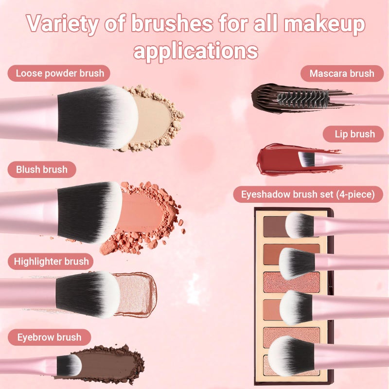 Rimoev 10 Pcs Mini Travel Makeup Brush Set with Pouch, Foundation, Eyeshadow, Blush, Highlighter, Angled Brow & Mascara Brushes - Soft Synthetic Fiber Brushes for On-The-Go & Daily Makeup (Pink) - Image 5