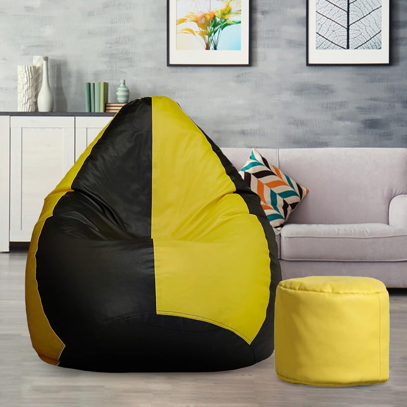 LEXAVIFaux Leather XXXL Combo Beanbag with Footstool prefilled with High Density Original Quality Beans Yellow Black