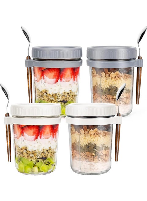 4 Pack Glass Jars, Overnight Oats Container with Lid and Spoon , Overnight Oats Jars, 350ml / 12 oz Cereal, Milk, Vegetable and fruit Salad Storage Container with Measurement Marks
