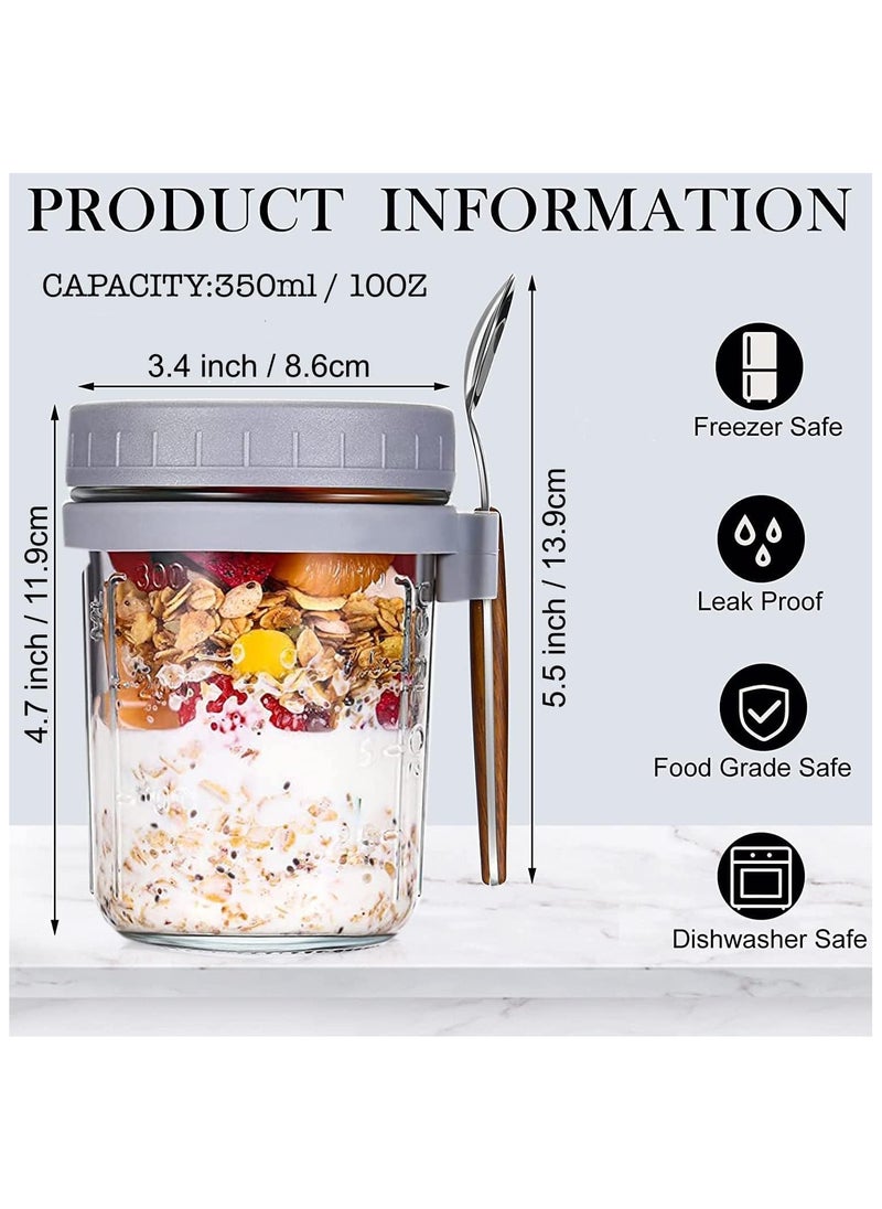 4 Pack Glass Jars, Overnight Oats Container with Lid and Spoon , Overnight Oats Jars, 350ml / 12 oz Cereal, Milk, Vegetable and fruit Salad Storage Container with Measurement Marks