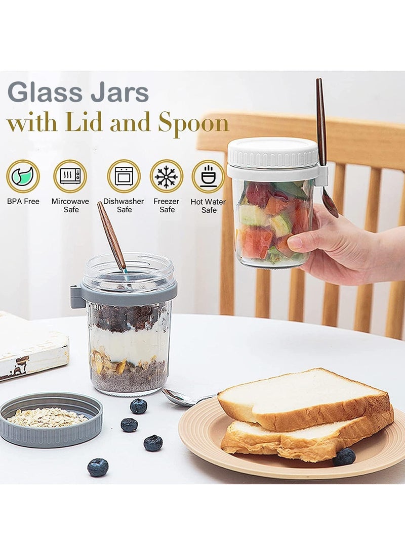 4 Pack Glass Jars, Overnight Oats Container with Lid and Spoon , Overnight Oats Jars, 350ml / 12 oz Cereal, Milk, Vegetable and fruit Salad Storage Container with Measurement Marks