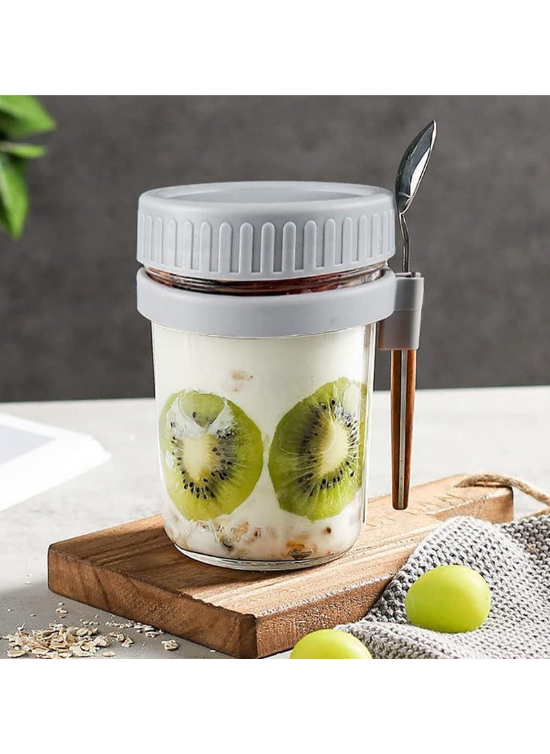 4 Pack Glass Jars, Overnight Oats Container with Lid and Spoon , Overnight Oats Jars, 350ml / 12 oz Cereal, Milk, Vegetable and fruit Salad Storage Container with Measurement Marks