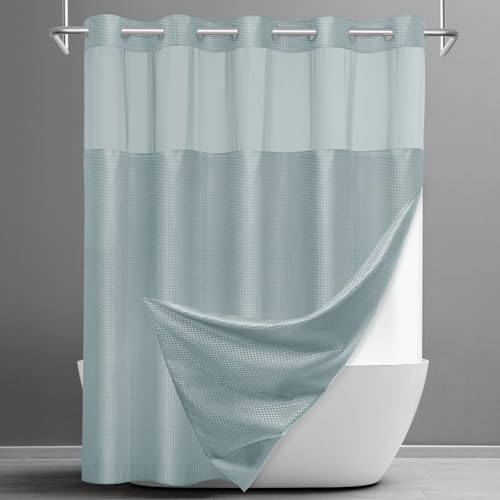 SORTTO No Hook Shower Curtain with Snap in Liner Set Waffle Shower Curtain for Bathroom Hotel Style Fabric Waterproof Inner Liner，71" W x 74" H, Fog Blue - Image 1