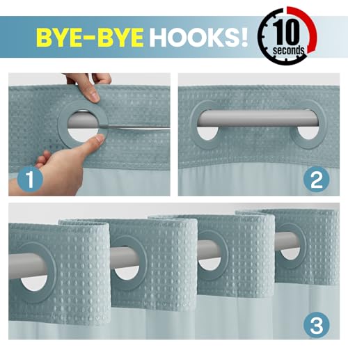 SORTTO No Hook Shower Curtain with Snap in Liner Set Waffle Shower Curtain for Bathroom Hotel Style Fabric Waterproof Inner Liner，71" W x 74" H, Fog Blue - Image 2