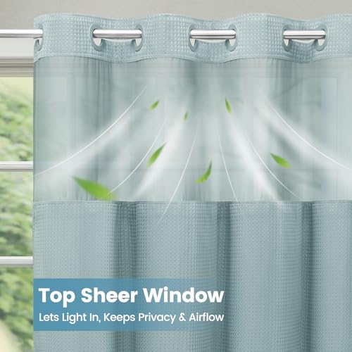 SORTTO No Hook Shower Curtain with Snap in Liner Set Waffle Shower Curtain for Bathroom Hotel Style Fabric Waterproof Inner Liner，71" W x 74" H, Fog Blue - Image 3