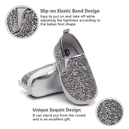 HONGTEYA Baby Shoes Baby Boys Girls Sequins Crib Shoes Baby Moccasins Toddler Leather Caual Sneakers Infant Glitter Shoes - Soft Sole for 0-18 Months Babies First Walking Silver - Image 3