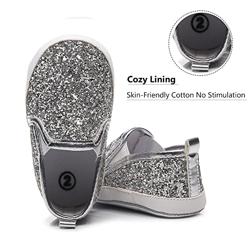 HONGTEYA Baby Shoes Baby Boys Girls Sequins Crib Shoes Baby Moccasins Toddler Leather Caual Sneakers Infant Glitter Shoes - Soft Sole for 0-18 Months Babies First Walking Silver - Image 4