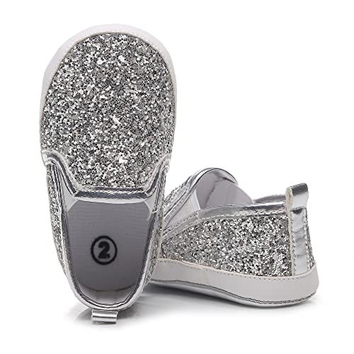 HONGTEYA Baby Shoes Baby Boys Girls Sequins Crib Shoes Baby Moccasins Toddler Leather Caual Sneakers Infant Glitter Shoes - Soft Sole for 0-18 Months Babies First Walking Silver - Image 1