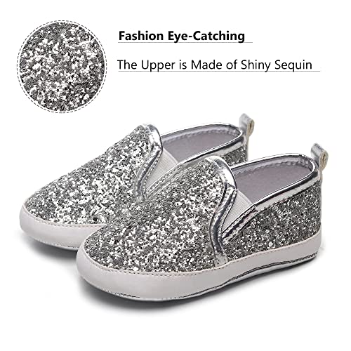 HONGTEYA Baby Shoes Baby Boys Girls Sequins Crib Shoes Baby Moccasins Toddler Leather Caual Sneakers Infant Glitter Shoes - Soft Sole for 0-18 Months Babies First Walking Silver - Image 2
