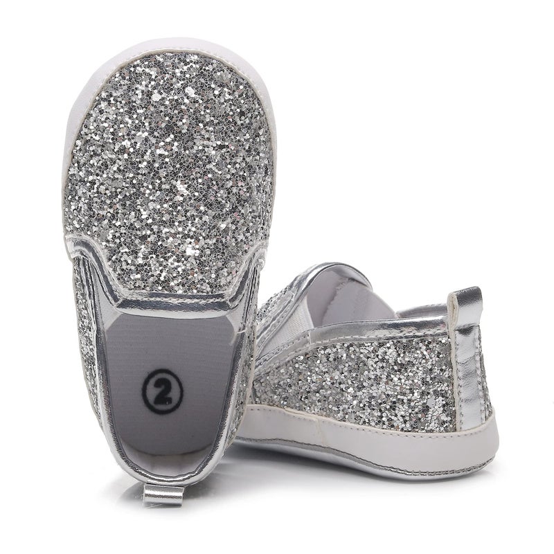 HONGTEYA Baby Shoes Baby Boys Girls Sequins Crib Shoes Baby Moccasins Toddler Leather Caual Sneakers Infant Glitter Shoes - Soft Sole for 0-18 Months Babies First Walking Silver - Image 5
