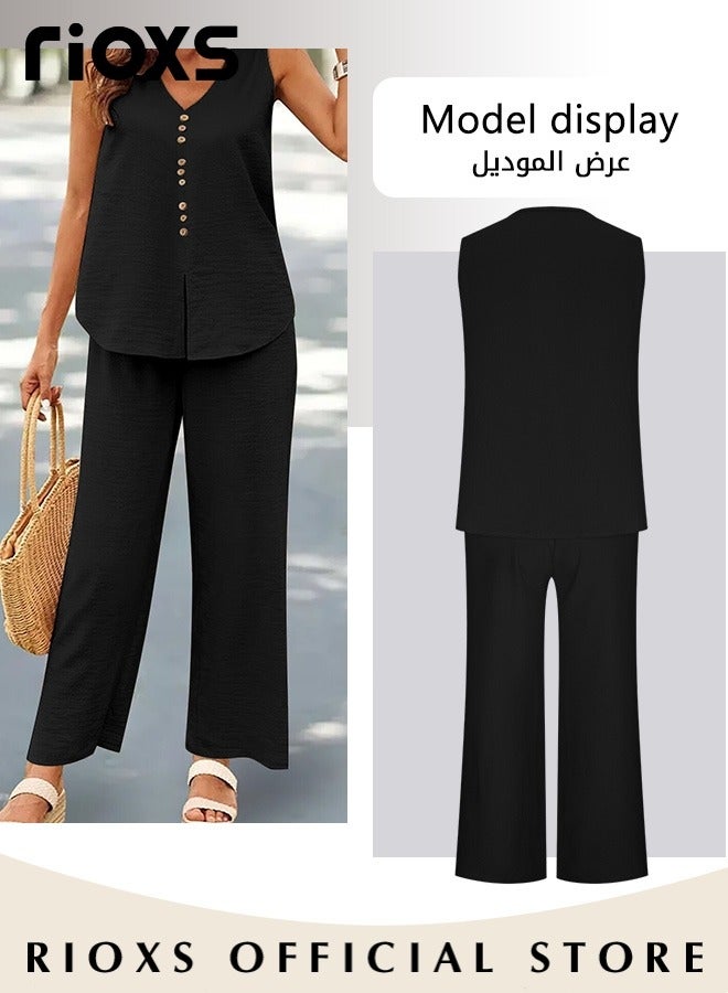 RIOXS Women's 2pcs Casual Suites Summer Linen Matching Sets V-neck Sleeveless Vest and Wide Leg Pants Sets for Daily Wear  - Image 2