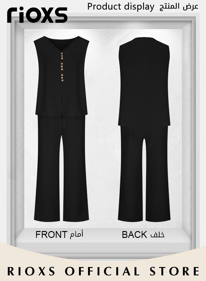 RIOXS Women's 2pcs Casual Suites Summer Linen Matching Sets V-neck Sleeveless Vest and Wide Leg Pants Sets for Daily Wear  - Image 3