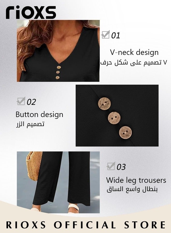 RIOXS Women's 2pcs Casual Suites Summer Linen Matching Sets V-neck Sleeveless Vest and Wide Leg Pants Sets for Daily Wear  - Image 4