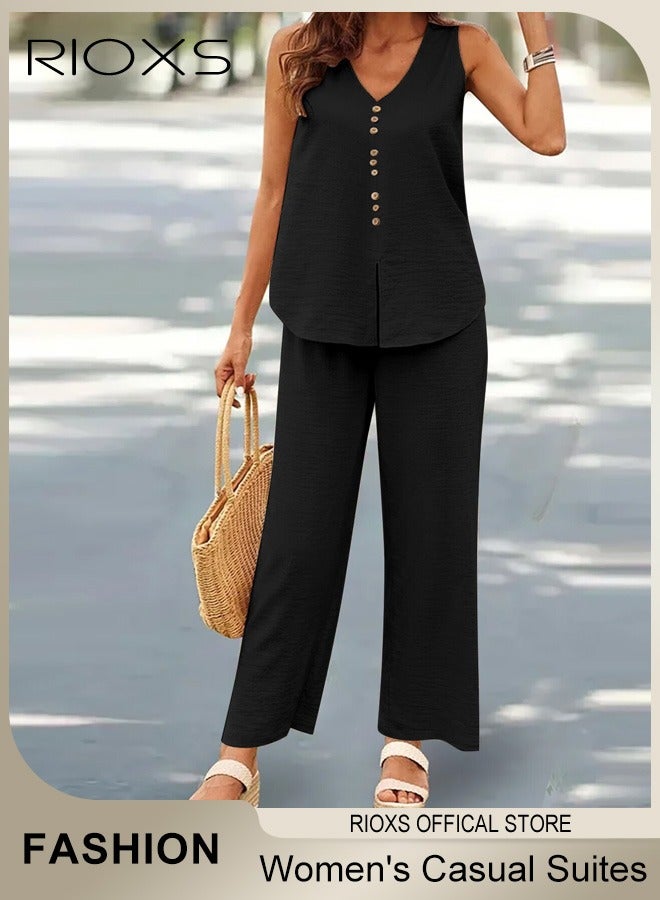 RIOXS Women's 2pcs Casual Suites Summer Linen Matching Sets V-neck Sleeveless Vest and Wide Leg Pants Sets for Daily Wear  - Image 1