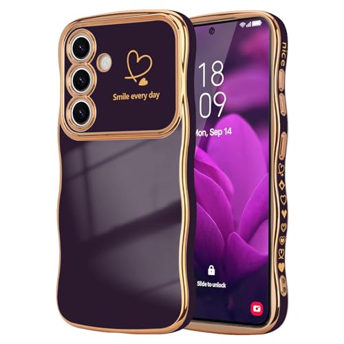 LCHULLE for Samsung Galaxy S25 Plus Case for Women Girls Cute Wave Frame Curly Shape with Love Heart Camera Protection Cover Luxury Plating Shockproof Phone Case for Galaxy S25 Plus 5G Dark Purple - Image 1