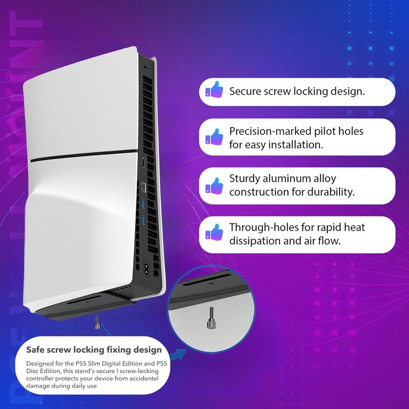 BANGCHEER حامل حائط ألومنيوم لجهاز Playstation 5 Slim الإصدار الرقمي وإصدار الأقراص - حامل حائط لـ PS5-Slim لتوفير المساحة (أسود) - Image 4