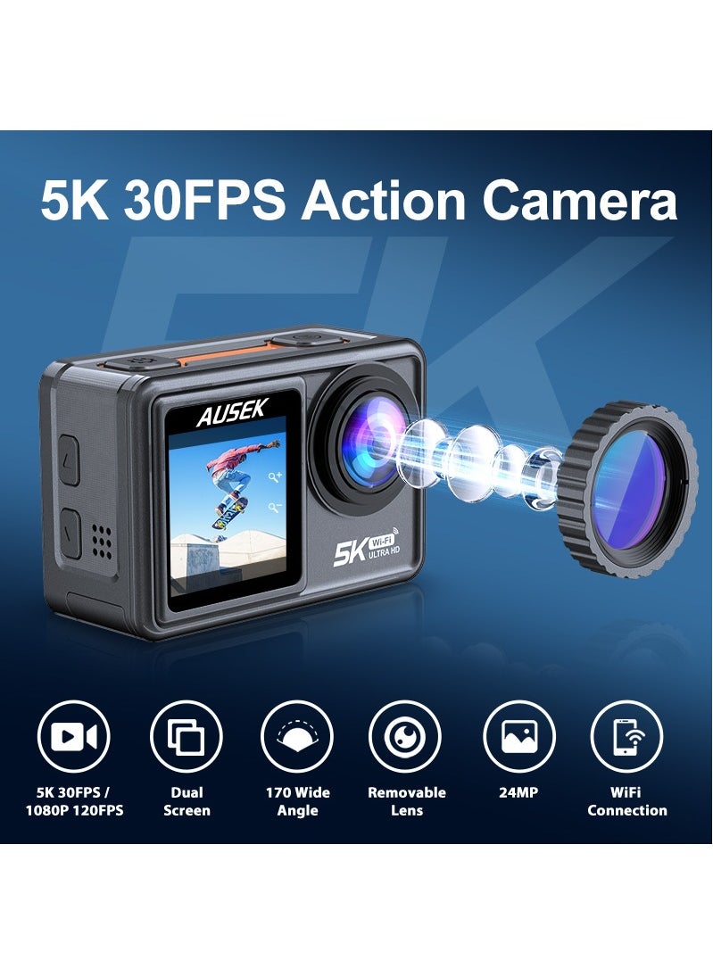 AUSEK 5k30FPS 48MP Action Camera with 2 Batteries, 30M Waterproof Underwater Camera, Dual Touch Screen WiFi Remote Control Sport Video Recorder, Digital Video Camera with 6 Removable Filter and 64G TF Card  - Image 2
