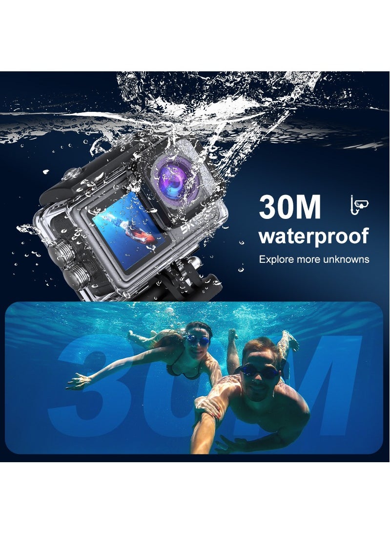 AUSEK 5k30FPS 48MP Action Camera with 2 Batteries, 30M Waterproof Underwater Camera, Dual Touch Screen WiFi Remote Control Sport Video Recorder, Digital Video Camera with 6 Removable Filter and 64G TF Card  - Image 3