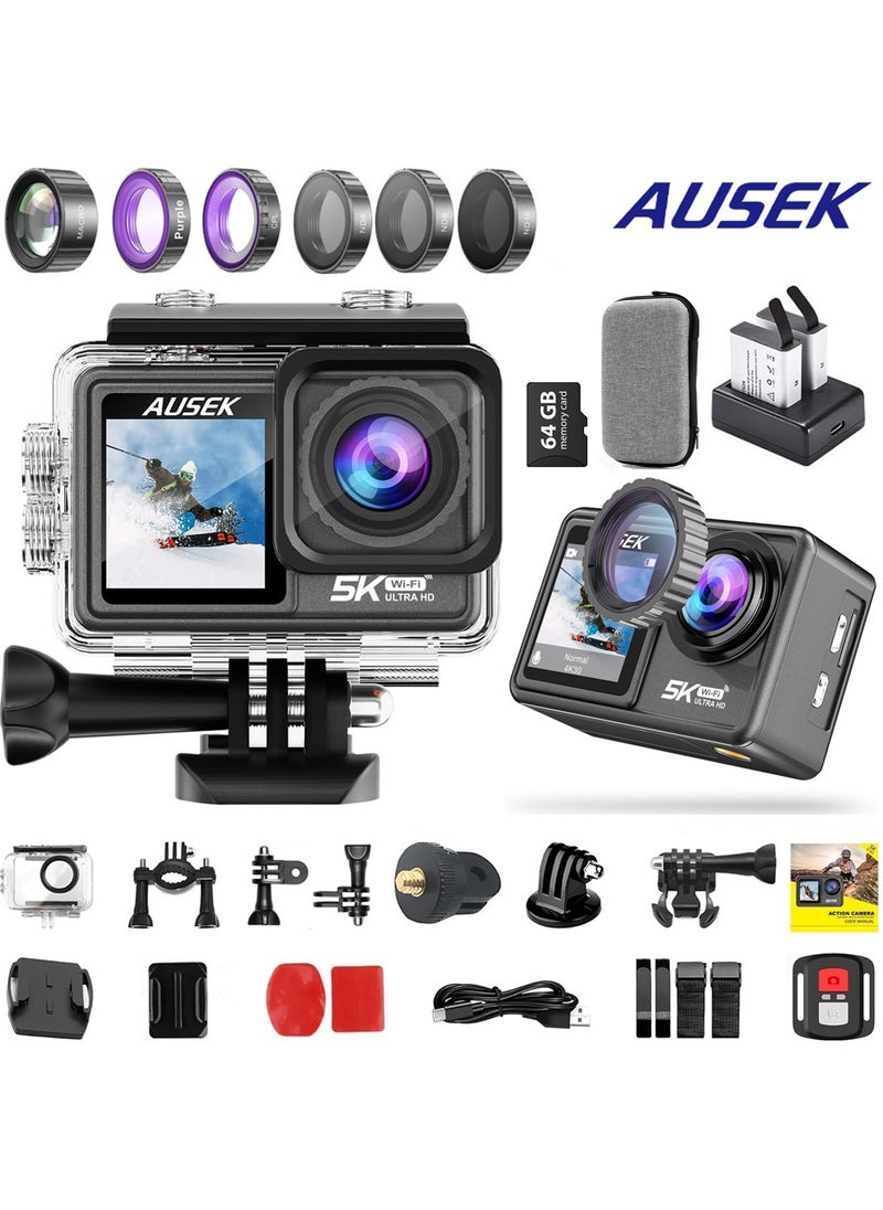 AUSEK 5k30FPS 48MP Action Camera with 2 Batteries, 30M Waterproof Underwater Camera, Dual Touch Screen WiFi Remote Control Sport Video Recorder, Digital Video Camera with 6 Removable Filter and 64G TF Card  - Image 1
