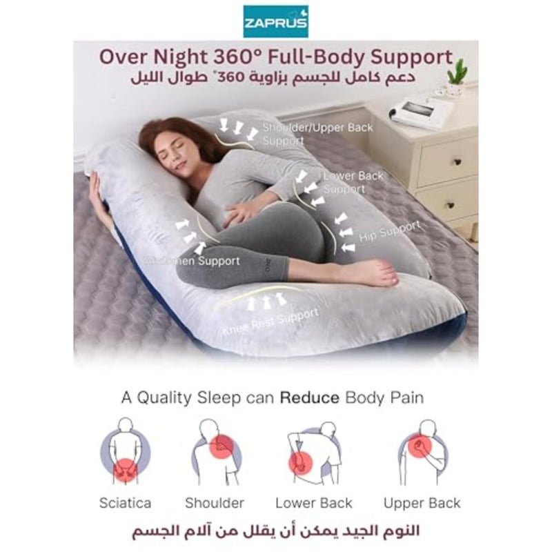 وسادة حمل على شكل حرف J تدعم كامل الجسم، وسادة أمومة مريحة للنوم الجانبي، وتخفيف الظهر والورك، غطاء مخملي قابل للغسل مقاس 62 بوصة - أزرق مزدوج الجوانب - Image 2