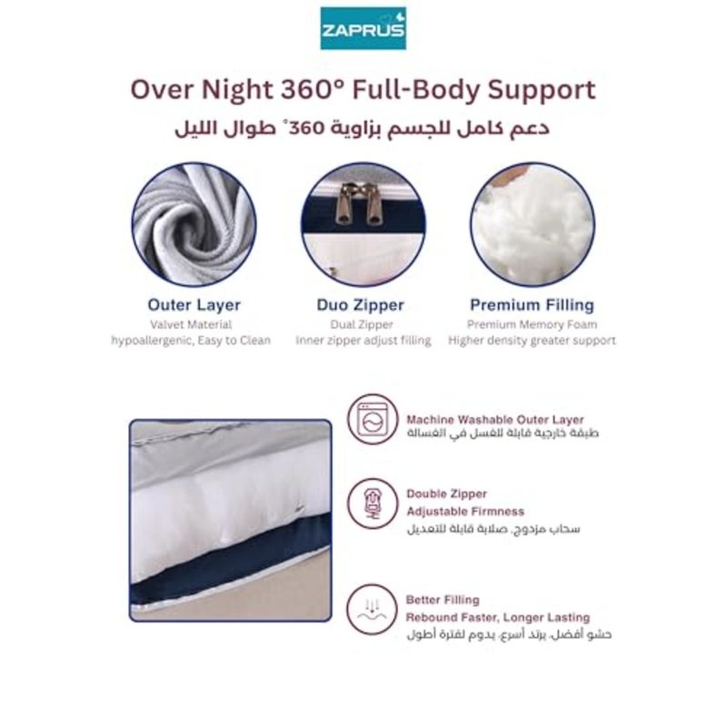 وسادة حمل على شكل حرف J تدعم كامل الجسم، وسادة أمومة مريحة للنوم الجانبي، وتخفيف الظهر والورك، غطاء مخملي قابل للغسل مقاس 62 بوصة - أزرق مزدوج الجوانب - Image 3