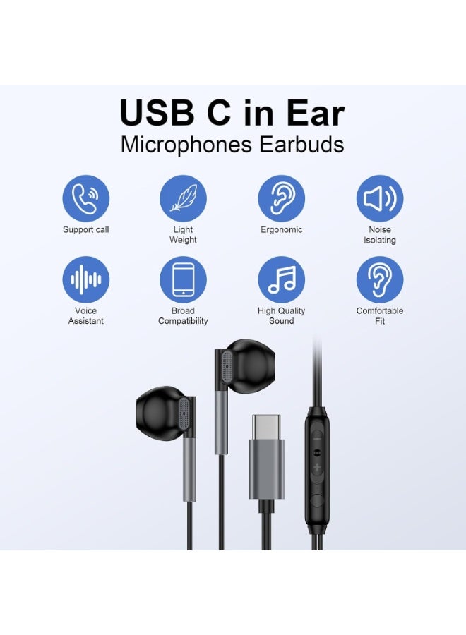 سماعات USB C لـ Galaxy S25 S24 Ultra S22 S21 S20 A54 A53 سماعات USB C مع ميكروفون التحكم في الصوت سماعات سلكية سماعات USB من النوع C لـ 16 15 Pro Max Plus - Image 2