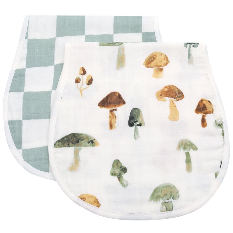 LifeTree Muslin Baby Burp Cloths - 2 Pack 70% Viscose from Bamboo and 30% Cotton Large 22'' by 10'' Absorbent Milk Spit Up Rags - Burping Cloths for Newborn, Girls Boys, Mushroom and Green Checkered - Image 1
