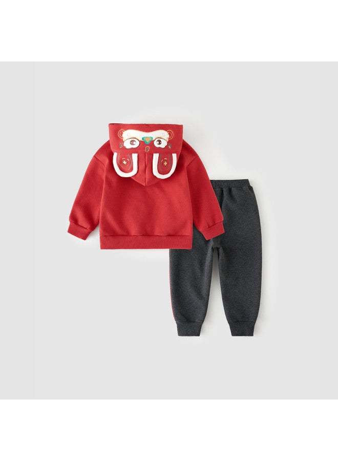 Tongtai Baby Sweatsuit Set, Spring And Autumn, Unisex, New Year's Outfit, Fleece-lined Hooded Top, Children's Long Pants, Casual Sweatpants - Image 3