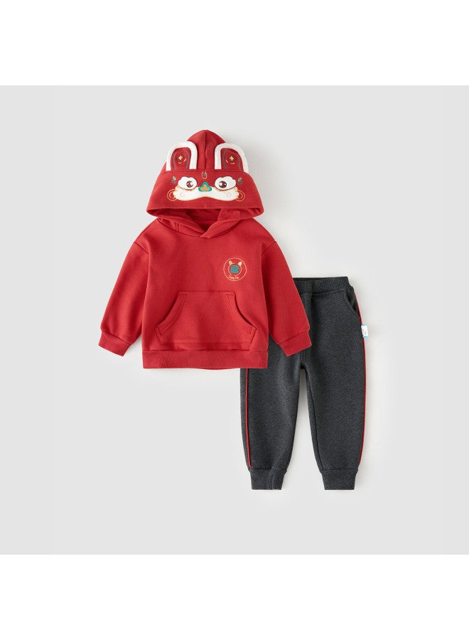 Tongtai Baby Sweatsuit Set, Spring And Autumn, Unisex, New Year's Outfit, Fleece-lined Hooded Top, Children's Long Pants, Casual Sweatpants - Image 2