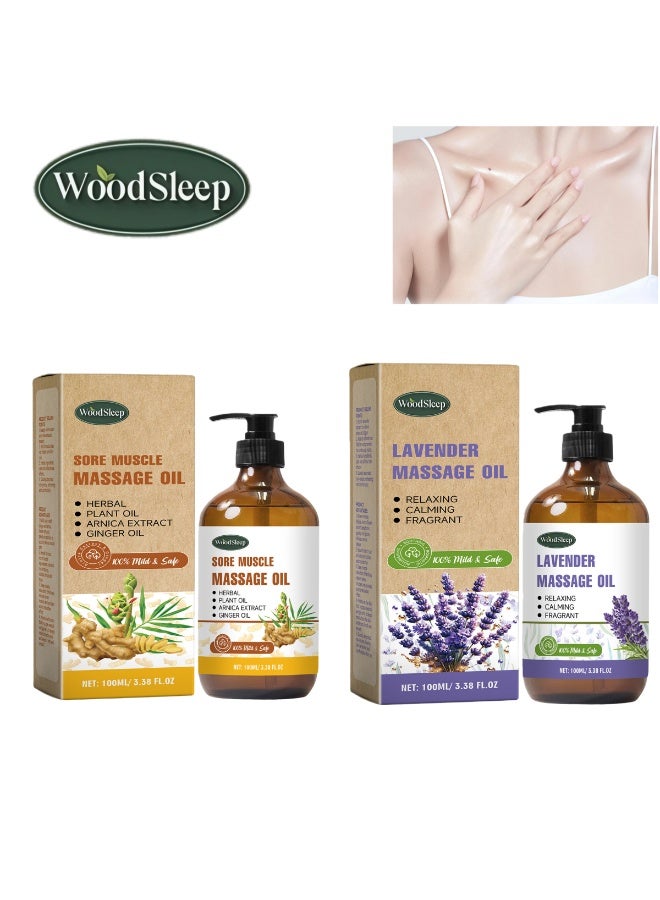 WoodSleep 2 bottles of ginger muscle massage oil + lavender massage oil for massage therapy, date night, muscle soreness, scraping relaxing body treatment, natural lavender skin care hair care, unisex fragranced hair oil. - Image 1
