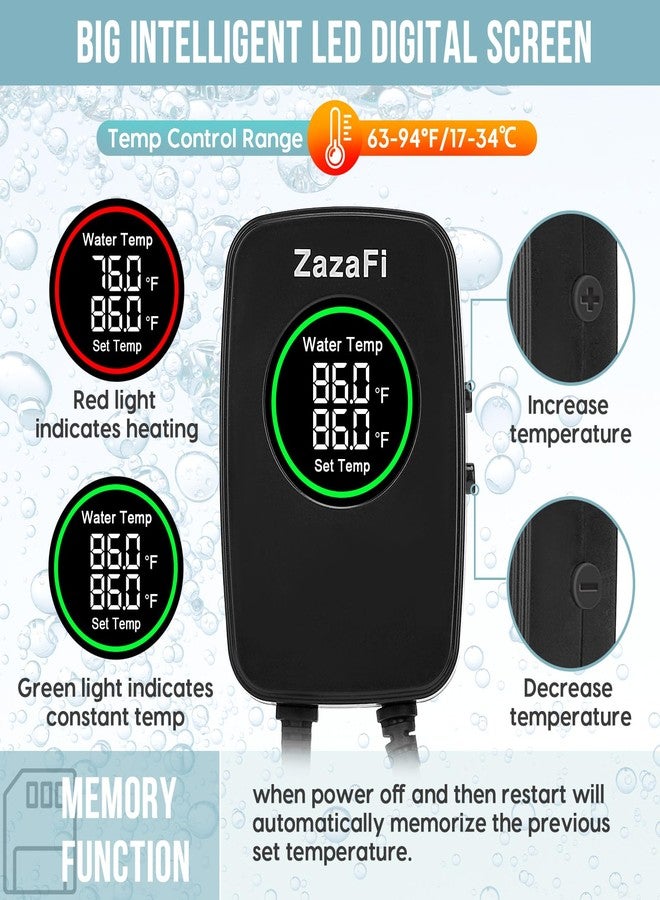 سخان حوض السمك ZazaFi بقدرات 100 واط/200 واط/300 واط/500 واط، سخان غاطس لأحواض السمك مزود بحماية من ارتفاع درجة الحرارة وإيقاف تشغيل تلقائي عند ترك الماء، مناسب لأحواض المياه المالحة والعذبة. - Image 2