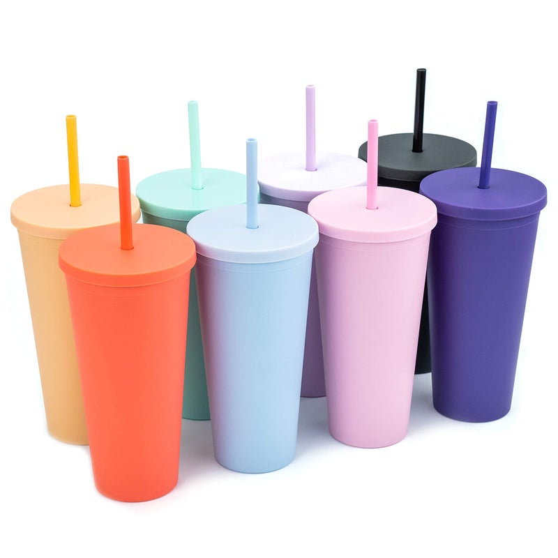 STRATA CUPS Classic Tumblers with Lids and Straws 8 pack  22oz Matte Pastel Colored Acrylic Tumblers with Lids and Straws Double Wall Tumbler Bulk Reusable Cup with Straw Cleaner Assorted