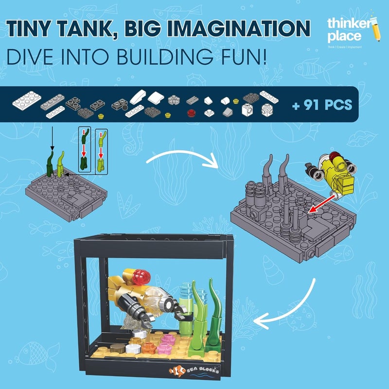 ThinkerPlace تانك سمك أحلام المحيط تحت الماء 8 في 1 من ثينكر بليس (91 قطعة) | تعلم عن الحياة البحرية | مجموعة كتل بناء للأطفال من عمر 6 سنوات فما فوق | لعبة تعليمية STEM | بناء، جمع وخلق تانك سمك كبير - Image 2