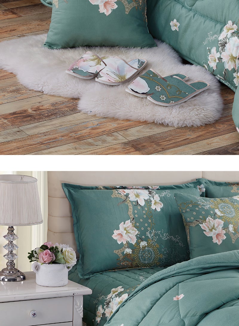 Moon Bed In A Bag Medium Filling King Size Comforter Set, 10 Pcs Floral Bedding Set Size 220 X 240 Cm with Comforter, Quilted Bed Skirt, Pillowcases, Cushion & Bedroom Slipper, Multicolor  - Image 3